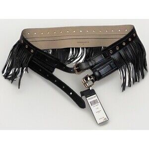 BCBG Maxazria Belt Black Statement Fringe Faux Leather Double Gold Buckle Sz Sm